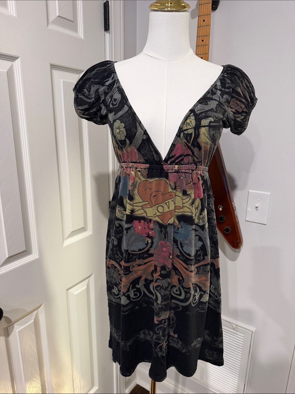 Anama Black V-Neck Tattoo Floral Mini Dress with Multicolor Print